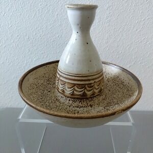 Sondahl‎ Artisan Pottery Candle Holder Speckled Cream and Brown Handmade Prairie